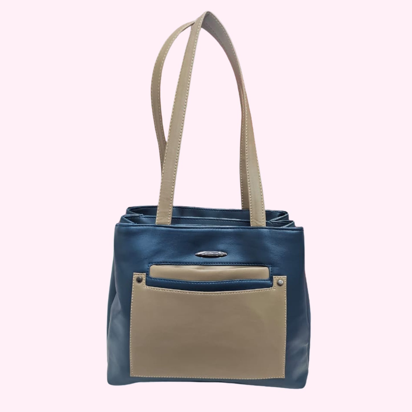 Stylloz | 7-Pocket Rexin Tote Bag ,  Ladies Hand/Office Bag -  Two-Tone Azure & Tan