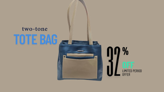 Stylloz | 7-Pocket Rexin Tote Bag ,  Ladies Hand/Office Bag -  Two-Tone Azure & Tan
