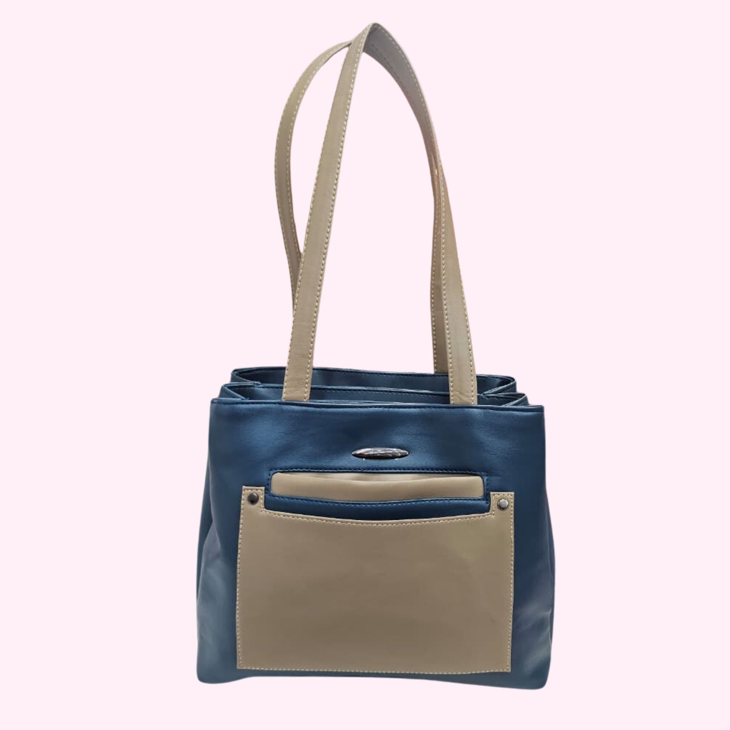 Stylloz | 7-Pocket Rexin Tote Bag ,  Ladies Hand/Office Bag -  Two-Tone Azure & Tan
