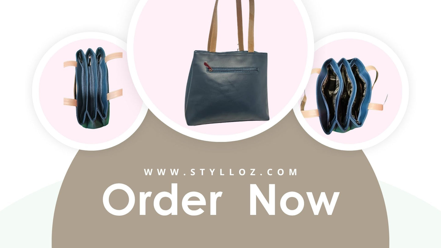Stylloz | 7-Pocket Rexin Tote Bag ,  Ladies Hand/Office Bag -  Two-Tone Azure & Tan