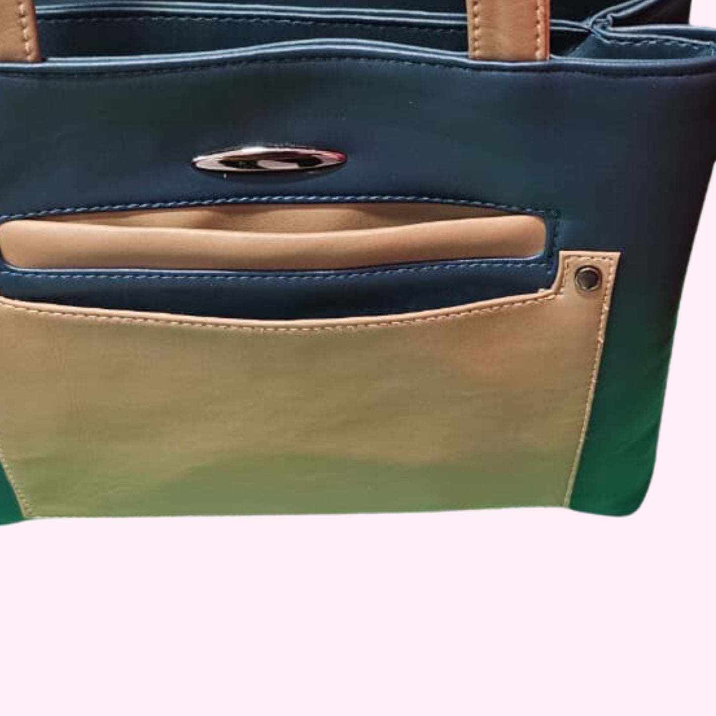 Stylloz | 7-Pocket Rexin Tote Bag ,  Ladies Hand/Office Bag -  Two-Tone Azure & Tan