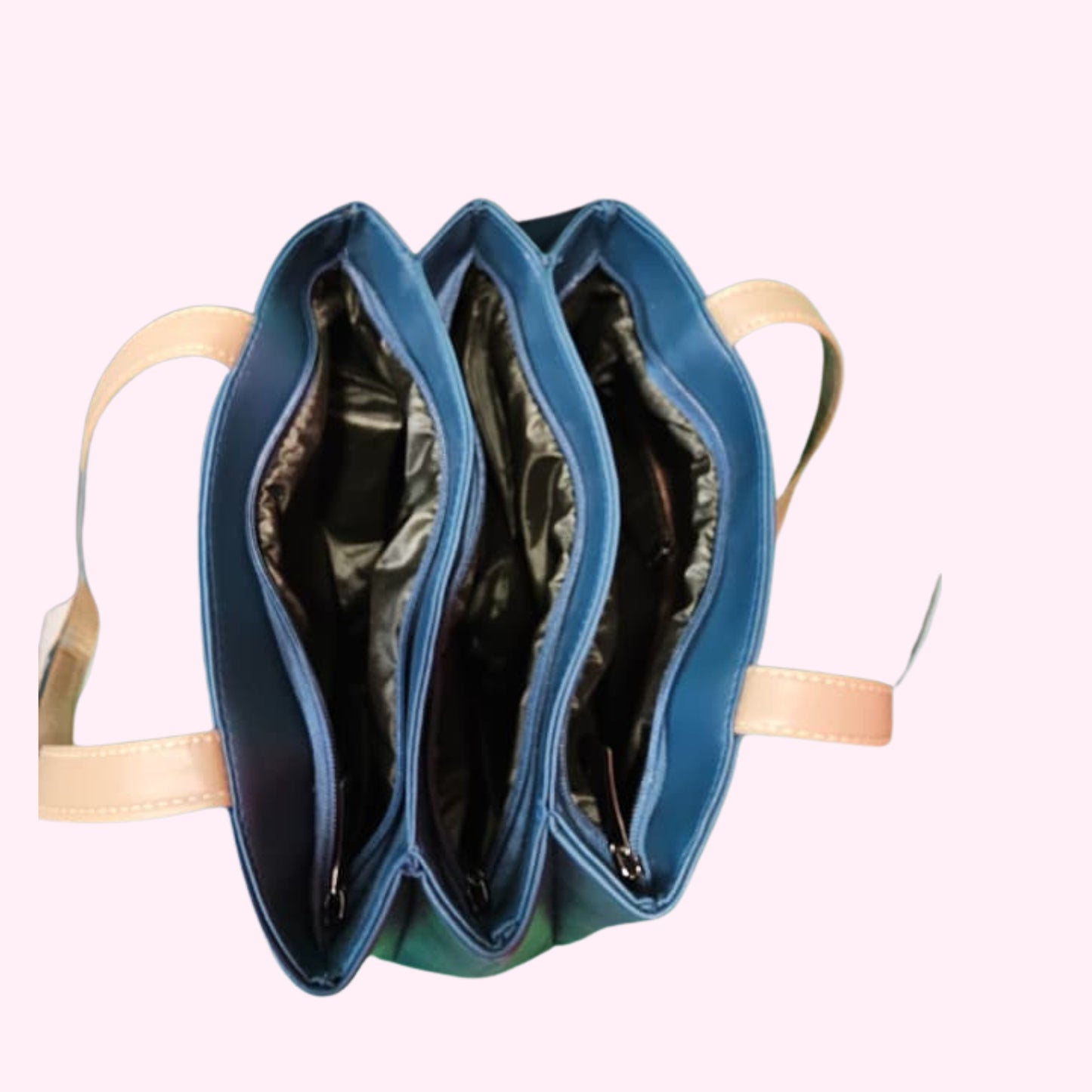 Stylloz | 7-Pocket Rexin Tote Bag ,  Ladies Hand/Office Bag -  Two-Tone Azure & Tan